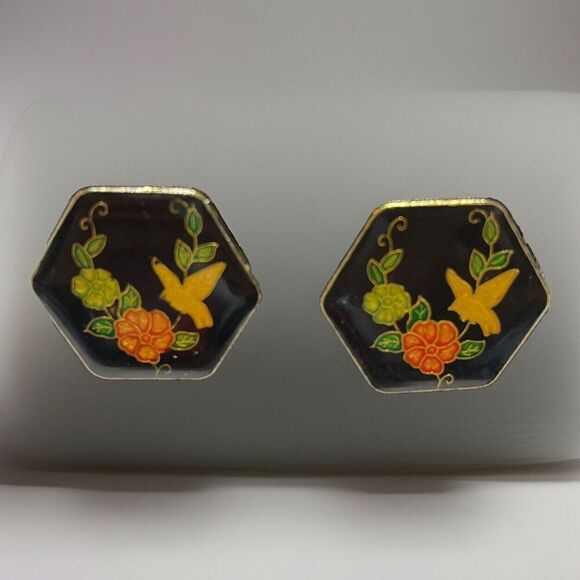 Vintage Cloisonné Bird Clip On Earrings Retro Bird Lovers Gold Tone Hexagon - Picture 2 of 10